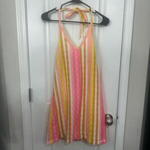 Boho festival y2k beach vibes pink and yellow and light brown striped dress. S